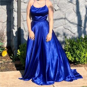 Cobalt Blue Satin Prom Dress Size 11/12 – Spaghetti Strap Formal Gown